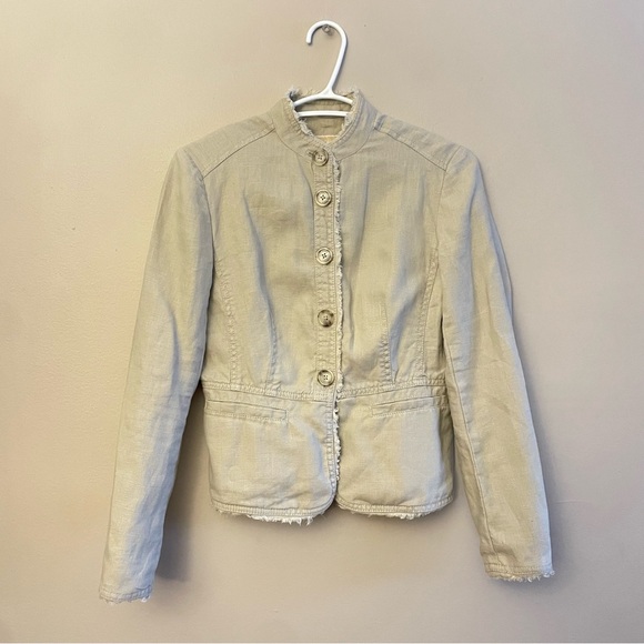 Michael Kors Jackets & Blazers - Michael Kors Light Tan Linen Utility Jacket Pleated Ruffle Back – Size 2P EUC